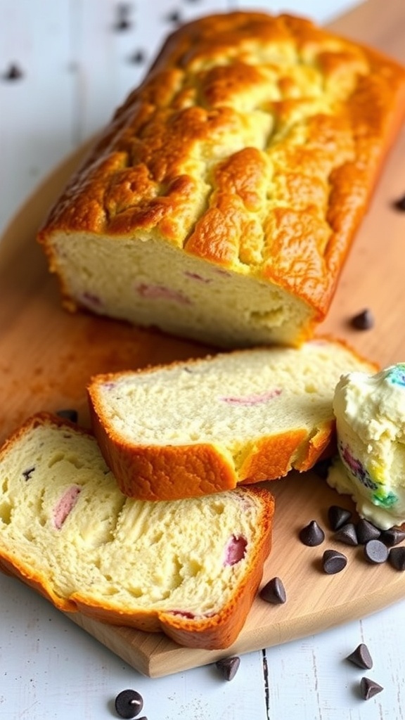 Sliced ice cream bread on a cutting board with a scoop of ice cream and chocolate chips.